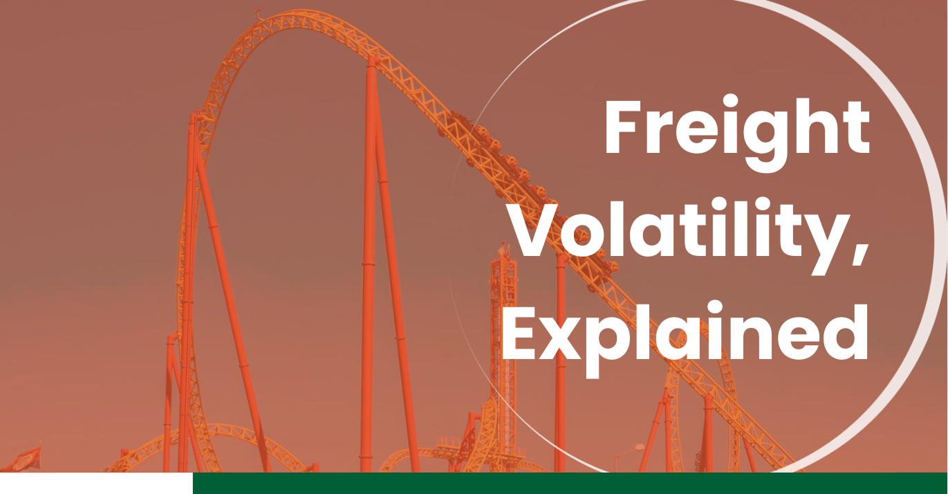 Roller coaster silhouette symbolizing freight market volatility with overlay text “Freight Volatility, Explained”